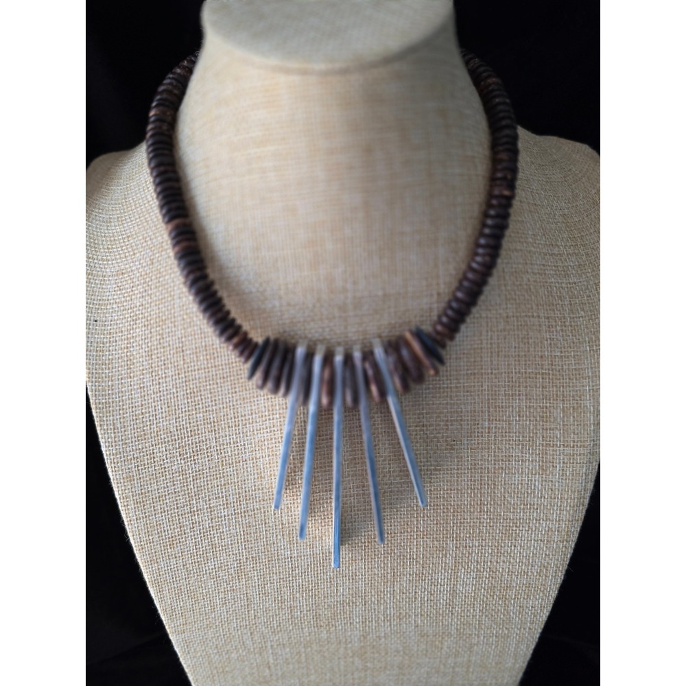 M.E. Signed Wood Disc and Brushed Silver Tone Bar Fringe Statement Necklace